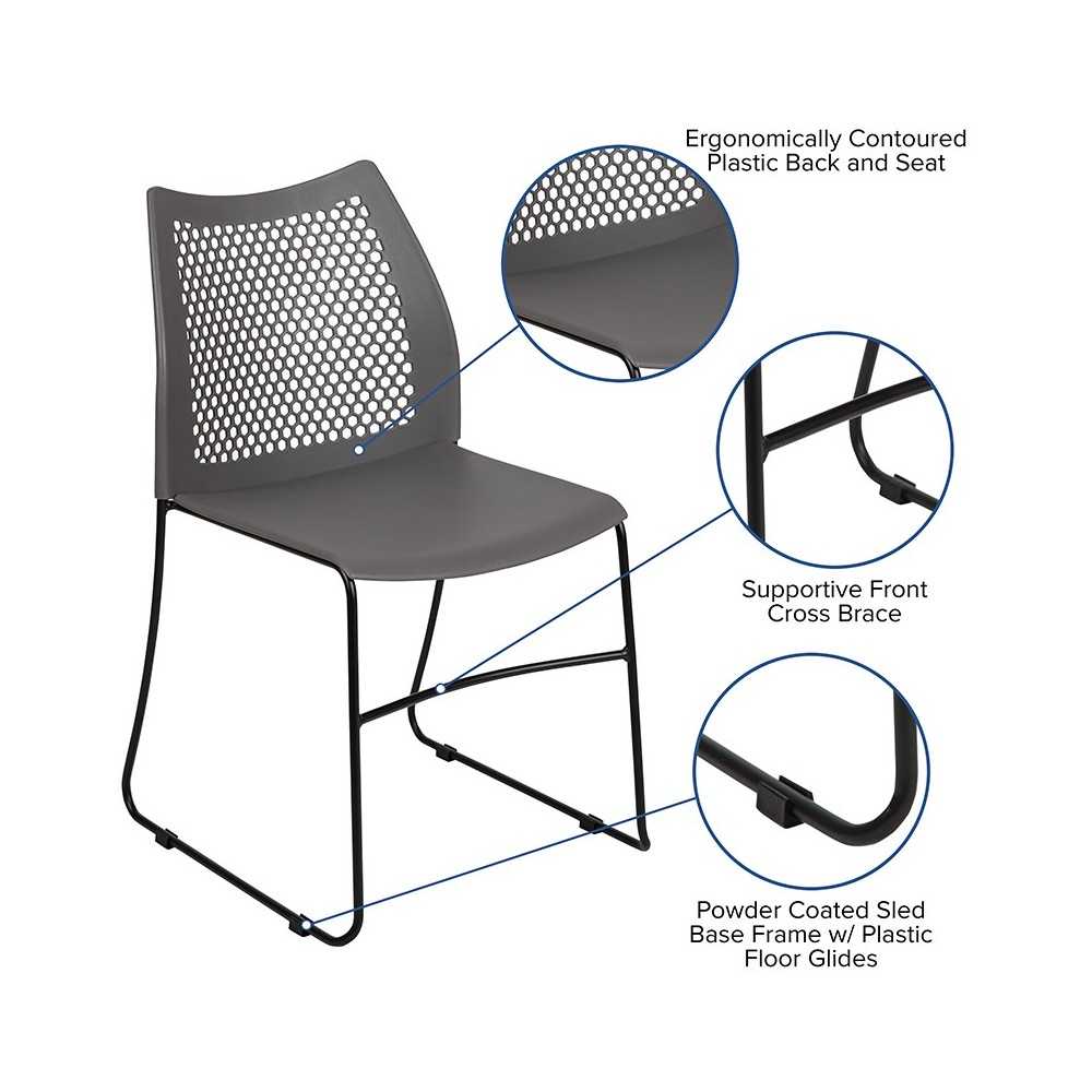 661 lb. Capacity Gray Stack Chair with Air-Vent Back and Black Powder Coated Sled Base
