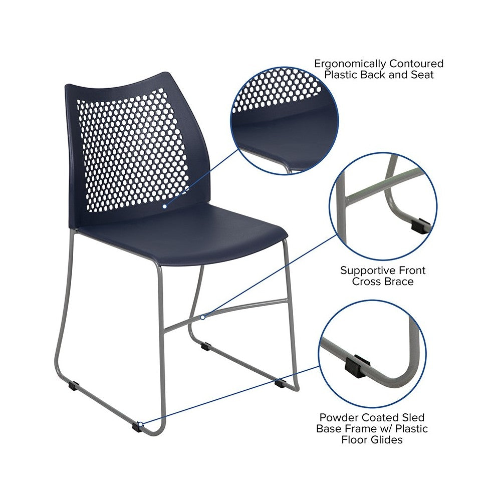 661 lb. Capacity Navy Stack Chair with Air-Vent Back and Gray Powder Coated Sled Base