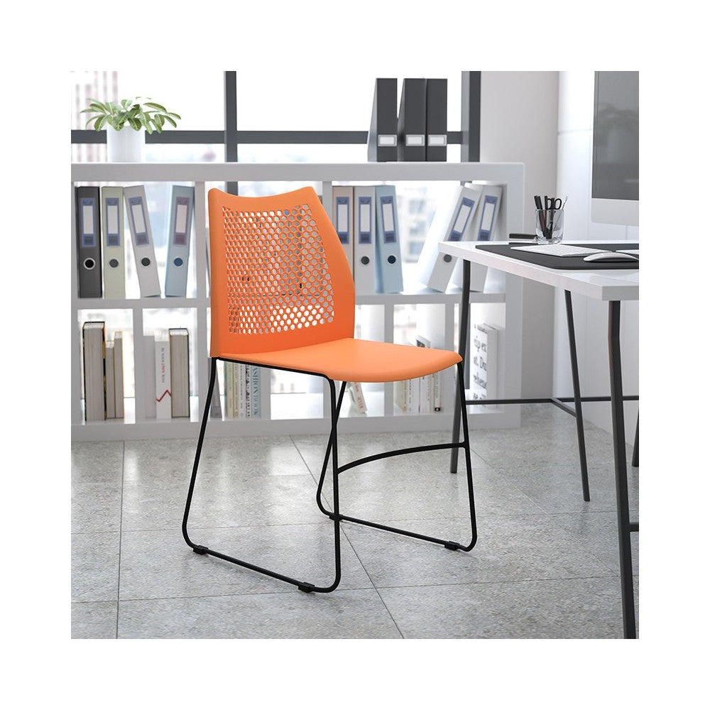 661 lb. Capacity Orange Stack Chair with Air-Vent Back and Black Powder Coated Sled Base
