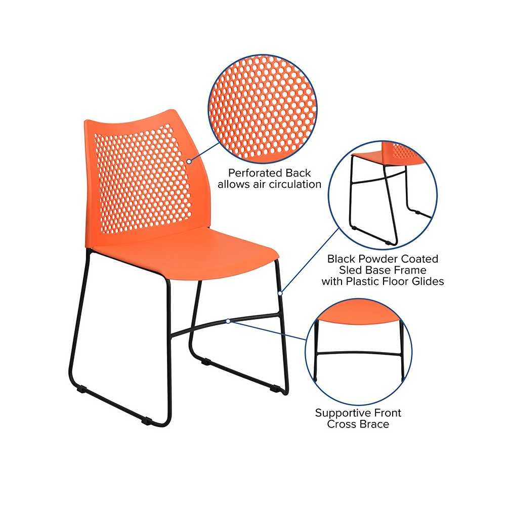 661 lb. Capacity Orange Stack Chair with Air-Vent Back and Black Powder Coated Sled Base