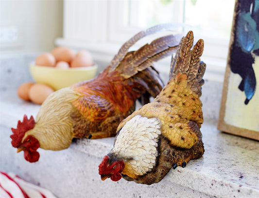 Hen/Rooster Shelf Sitter (Set Of 2) 11"L, 16"L Polyresin/Metal