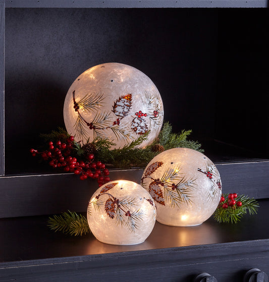 Led Pinecone/Berry Globes W/6 Hr Timer (Set Of 3) 4"-8"D Glass