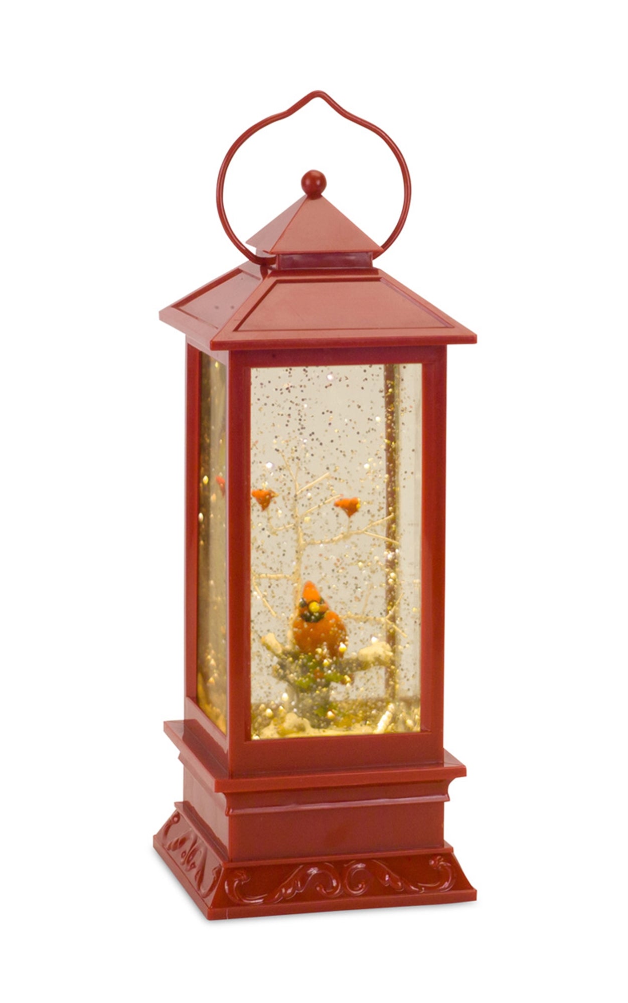 Lighted Snow Globe Cardinals Lantern 4"Sqx11"H Plastic