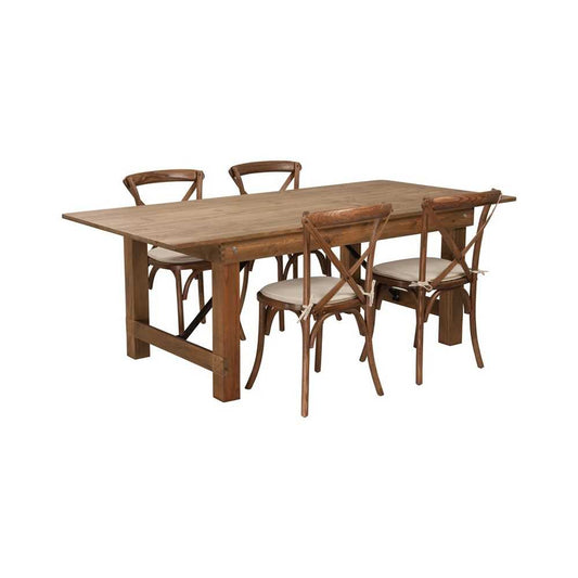 7' x 40'' Antique Rustic Folding Farm Table Set with 4 Cross Back Chairs and Cushions