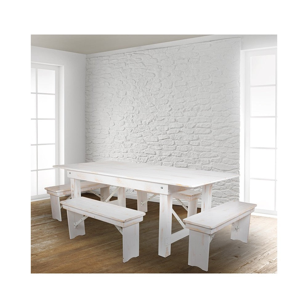 7' x 40" Antique Rustic White Folding Farm Table and Four Bench Set