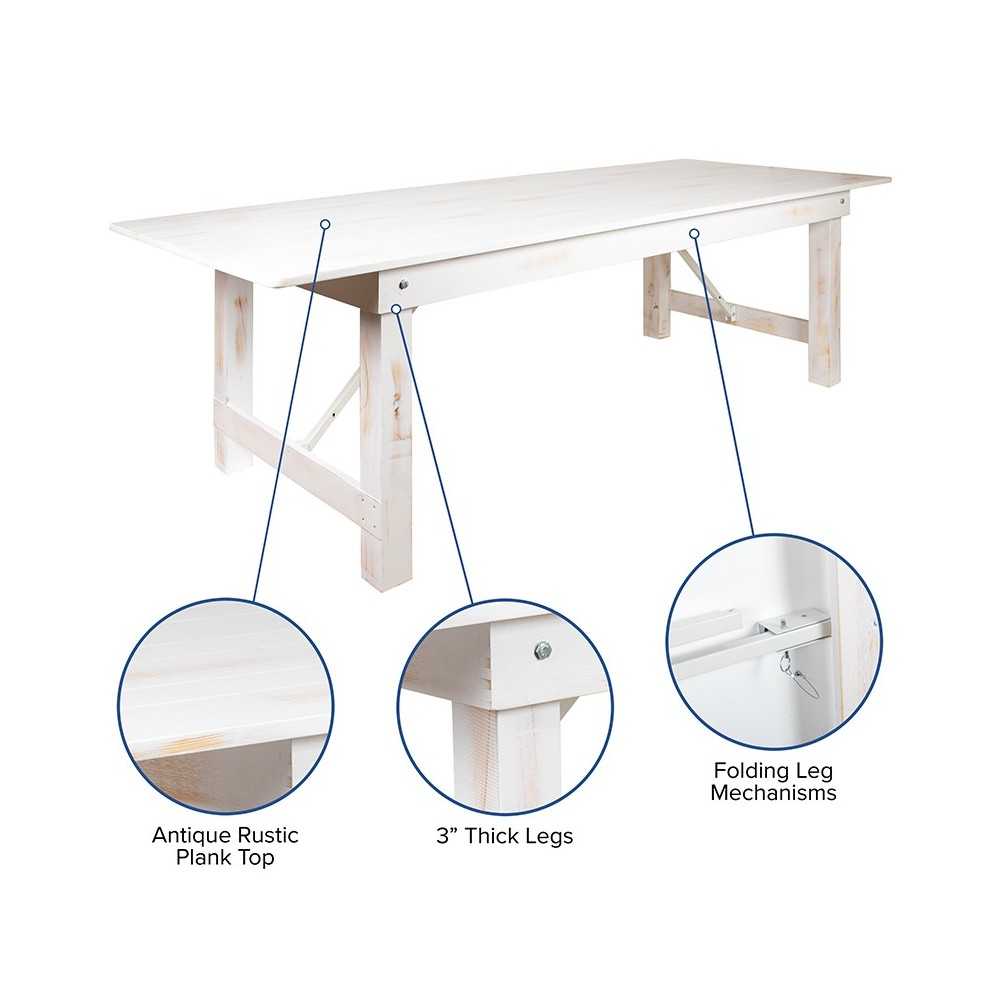 7' x 40" Rectangular Antique Rustic White Solid Pine Folding Farm Table