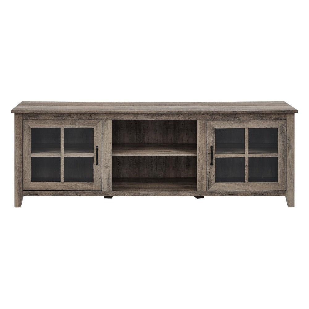 70" Farmhouse Simple Window Pane 2 Door Wood TV Stand - Gray Wash