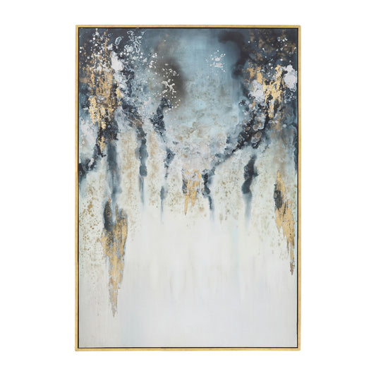 74x50 Handpainted Oil Canvas Abstract, Gold/aqua