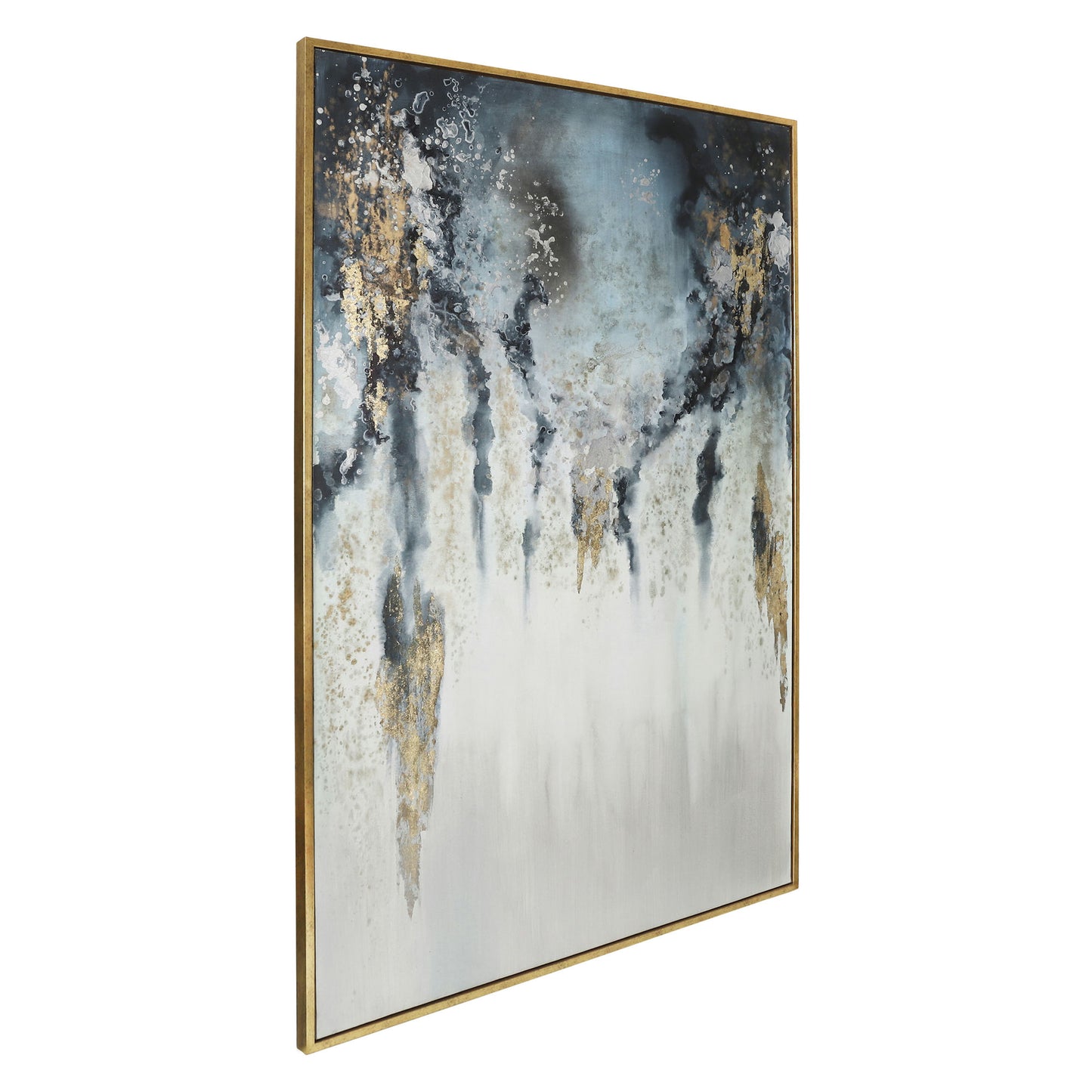 74x50 Handpainted Oil Canvas Abstract, Gold/aqua