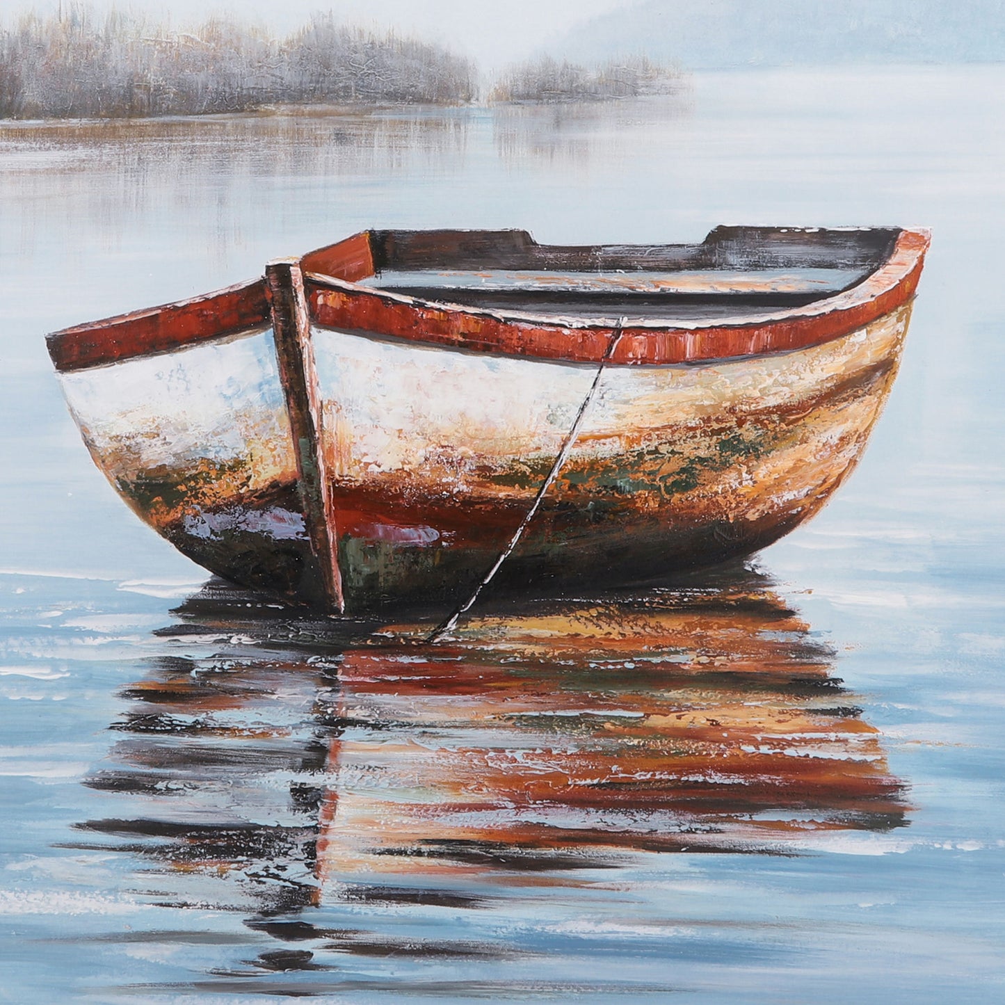 62x52 Handpainted Oil Canvas Boat, Multi