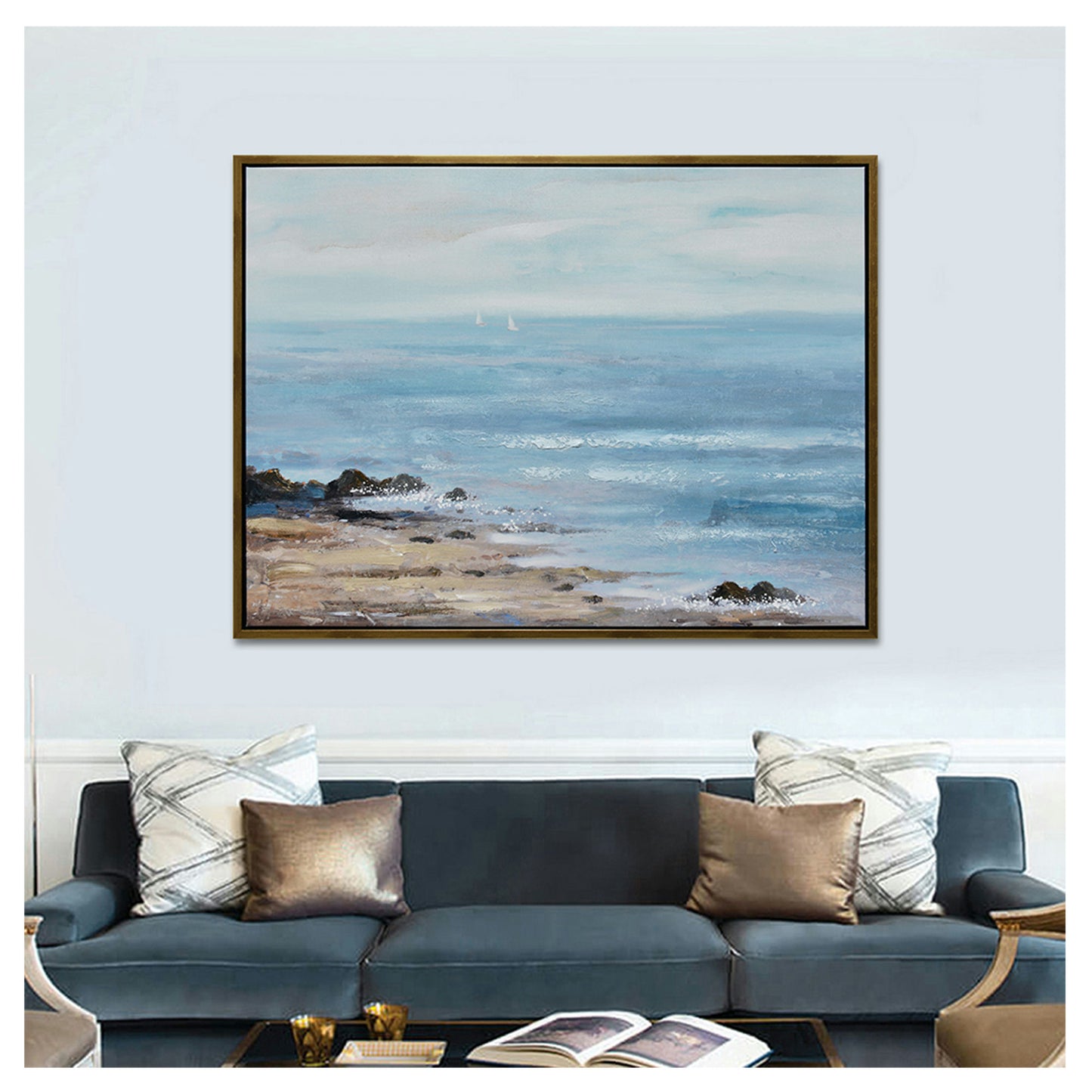 47x35 Ocean Hand Painted Canvas, Blue