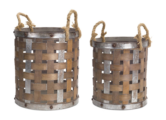 Pail With Rope Handle (Set Of 2) 15.5"H, 18"H Wood/Metal