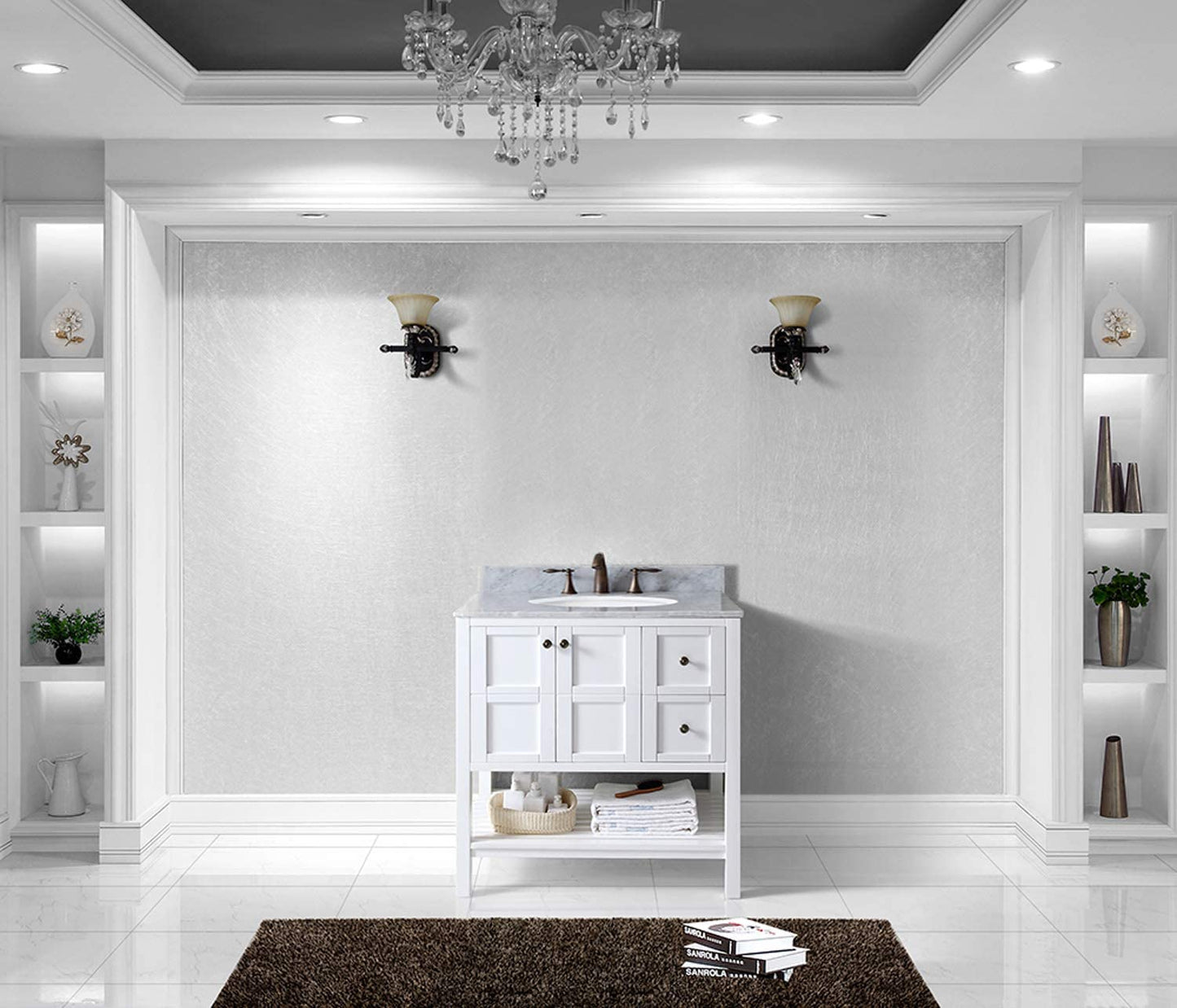 Virtu USA ES-30036-WMRO-WH-NM Winterfell 36" Single Bathroom Vanity in White with Marble Top and Round Sink, 36 inches