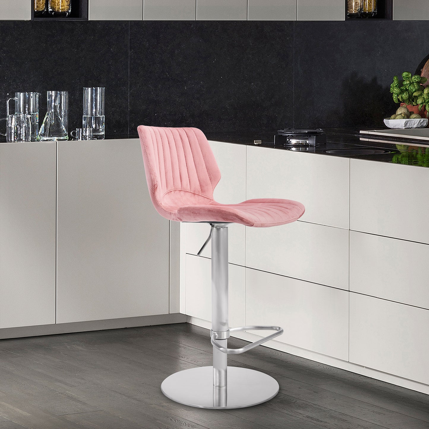 Adjustable Velvet and Brushed Stainless Steel Bar and Counter Stool in Pink