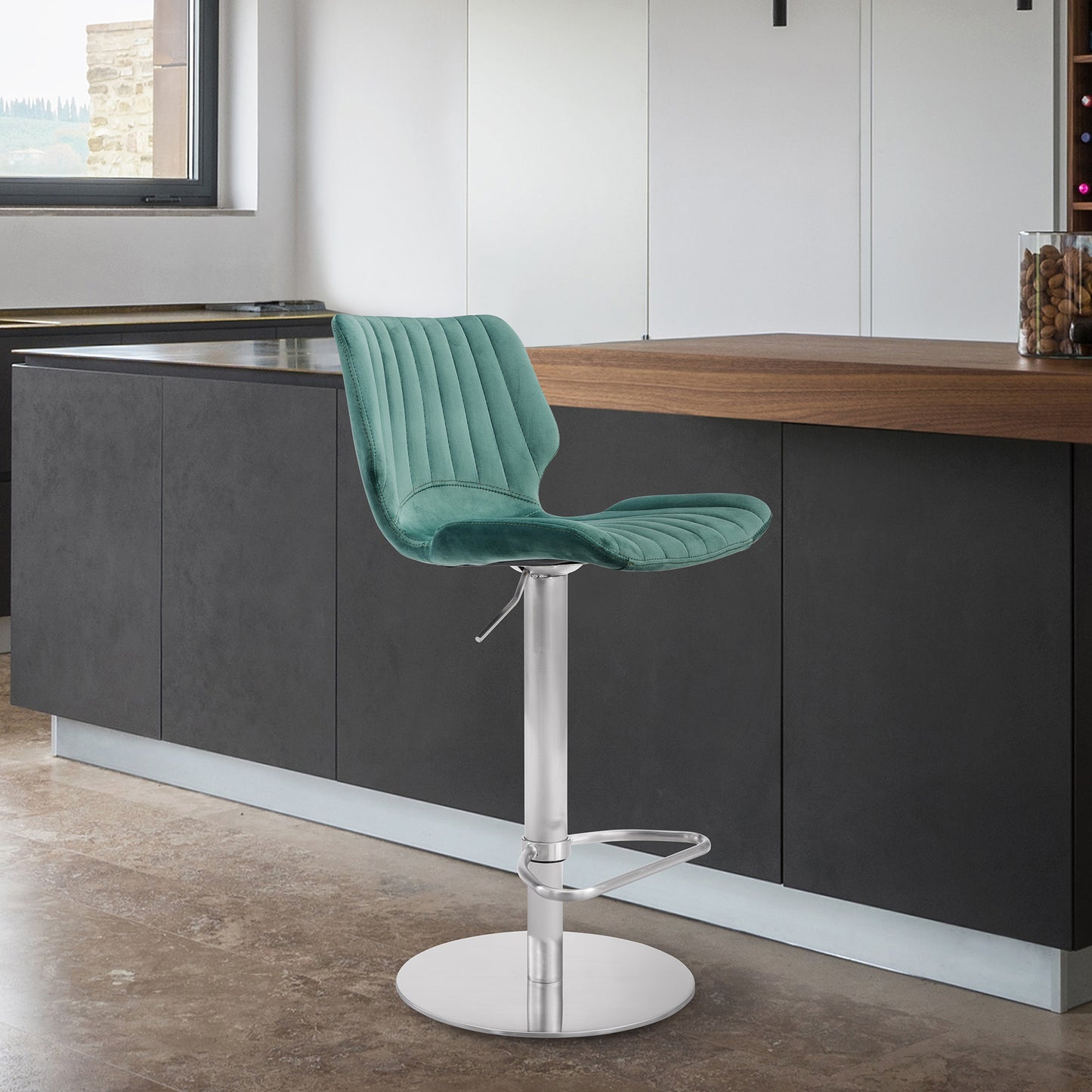 Adjustable Velvet and Brushed Stainless Steel Bar and Counter Stool in Green