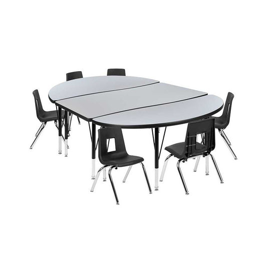 76" Oval Wave Collaborative Laminate Activity Table Set with 12" Student Stack Chairs, Gray/Black