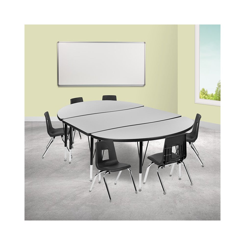 76" Oval Wave Collaborative Laminate Activity Table Set with 12" Student Stack Chairs, Gray/Black