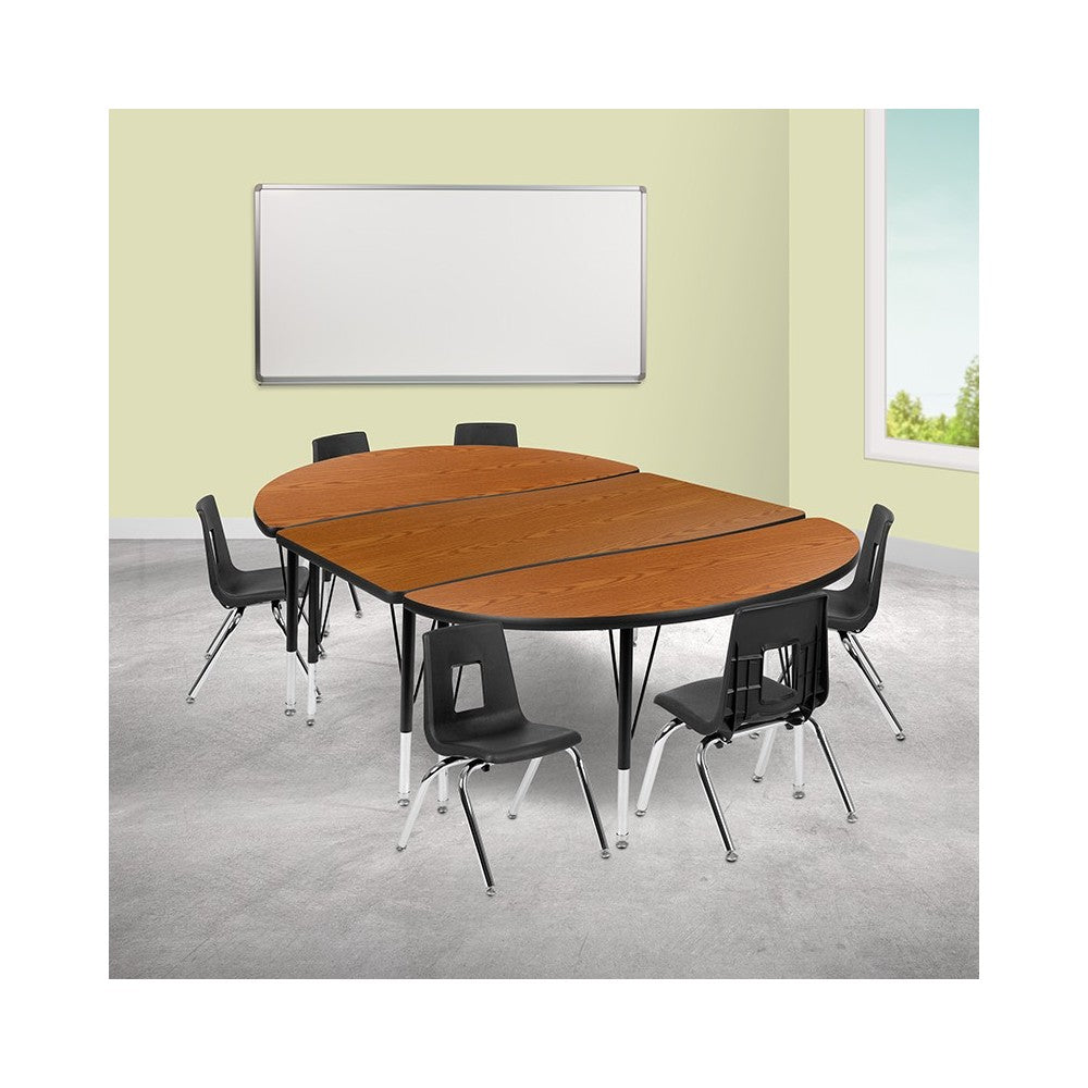 76" Oval Wave Collaborative Laminate Activity Table Set with 12" Student Stack Chairs, Oak/Black