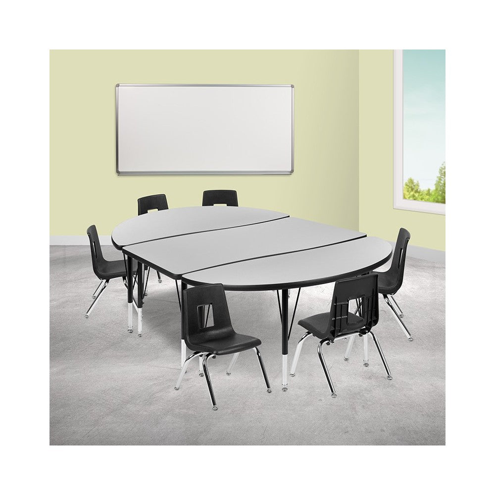 76" Oval Wave Collaborative Laminate Activity Table Set with 14" Student Stack Chairs, Gray/Black