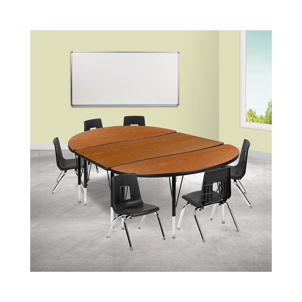 76" Oval Wave Collaborative Laminate Activity Table Set with 14" Student Stack Chairs, Oak/Black