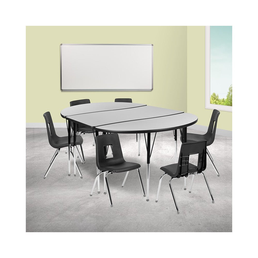 76" Oval Wave Collaborative Laminate Activity Table Set with 16" Student Stack Chairs, Gray/Black