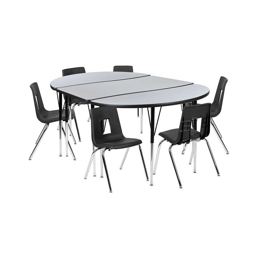 76" Oval Wave Collaborative Laminate Activity Table Set with 18" Student Stack Chairs, Gray/Black