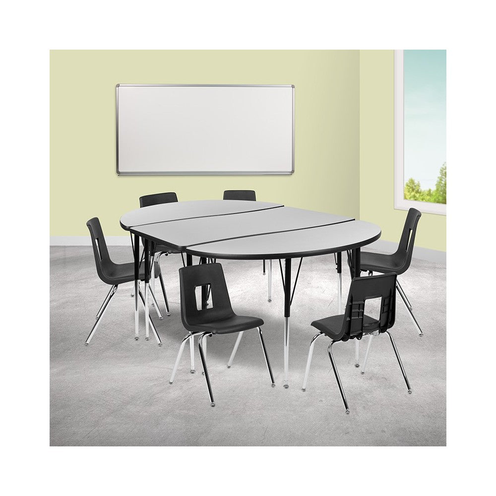 76" Oval Wave Collaborative Laminate Activity Table Set with 18" Student Stack Chairs, Gray/Black