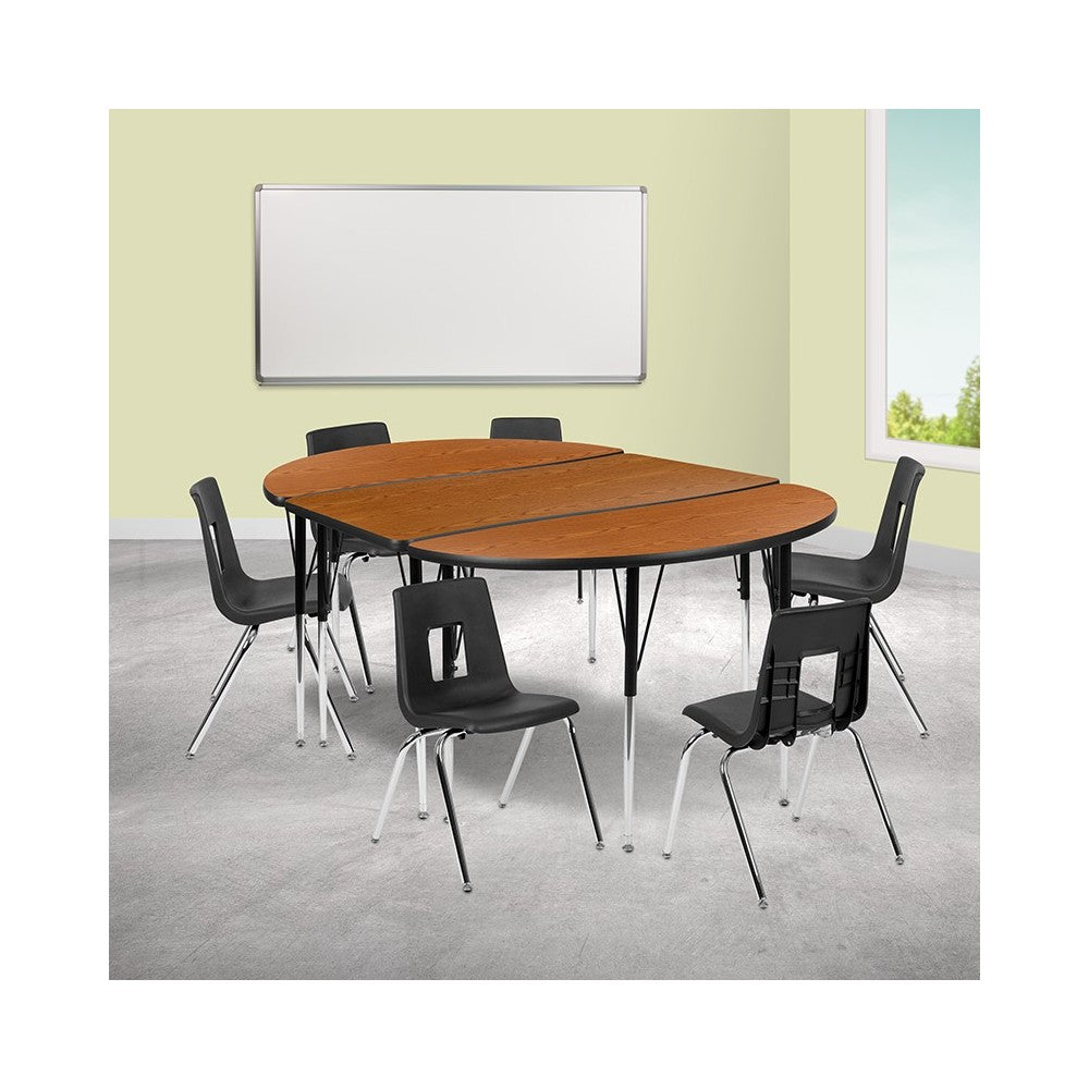 76" Oval Wave Collaborative Laminate Activity Table Set with 18" Student Stack Chairs, Oak/Black