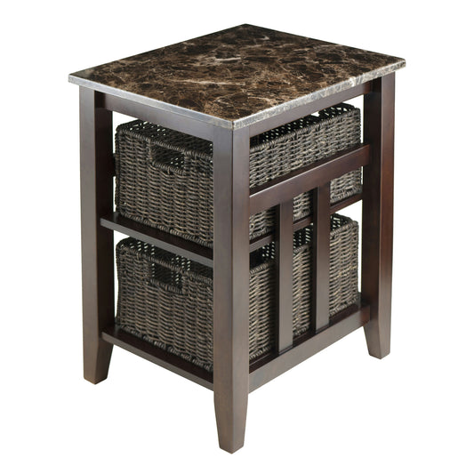 Zoey Accent Table w/ 2 Foldable Corn Husk Baskets, Faux Marble Top, Natural