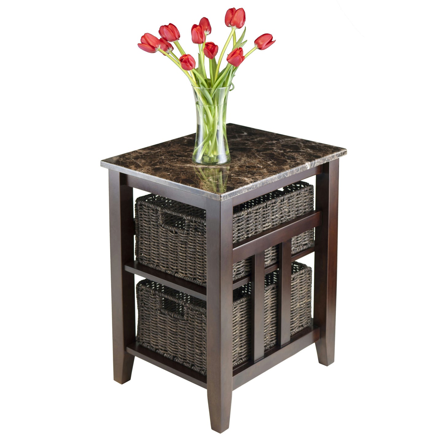 Zoey Accent Table w/ 2 Foldable Corn Husk Baskets, Faux Marble Top, Natural