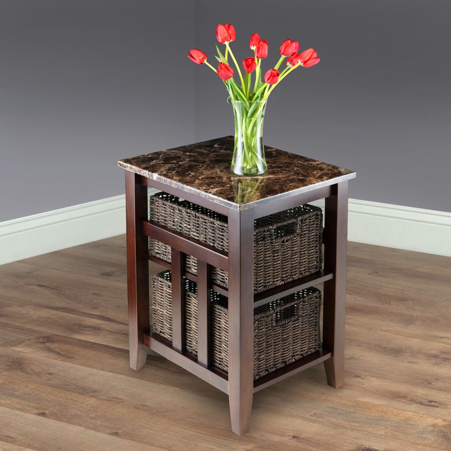 Zoey Accent Table w/ 2 Foldable Corn Husk Baskets, Faux Marble Top, Natural