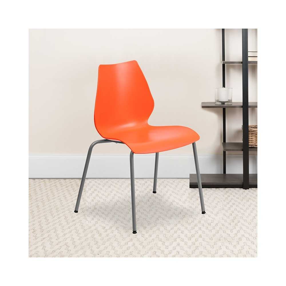 770 lb. Capacity Orange Stack Chair with Lumbar Support and Silver Frame