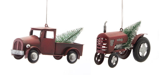 Truck And Tractor Ornament (Set Of 6) 5"L, 4.75"L Metal
