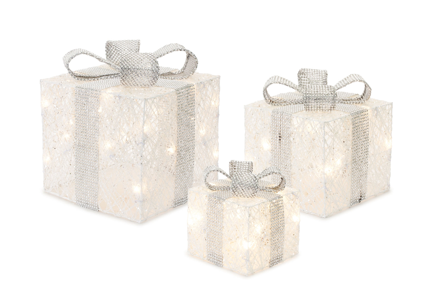 Package With Lights And Timer (Set Of 3) 7"H, 9"H, 11"H Cotton