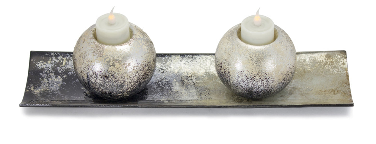 Votive Holder With Tray (Set Of 2) 14" x 3.5"H Glass/Ceramic
