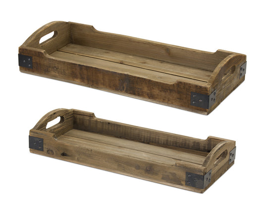 Tray (Set Of 2) 21.5"L, 23.5"L Wood/Iron