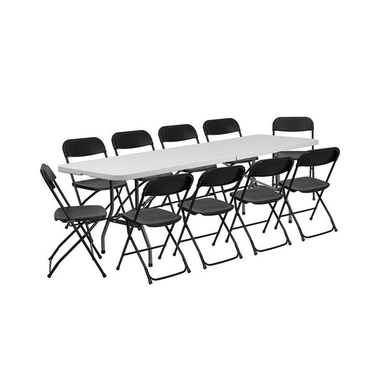 8' Bi-Fold Granite White Plastic Event/Training Folding Table Set with 10 Folding Chairs