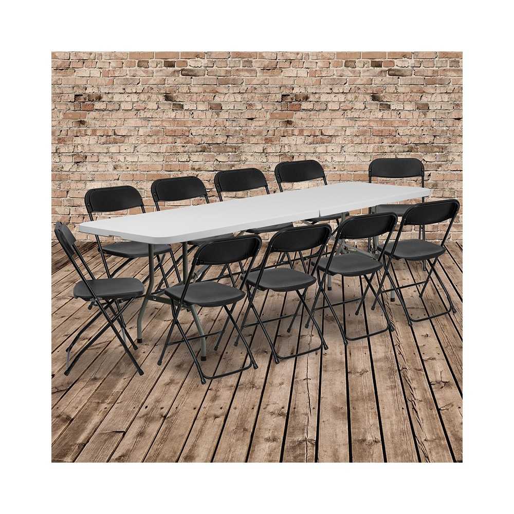 8' Bi-Fold Granite White Plastic Event/Training Folding Table Set with 10 Folding Chairs