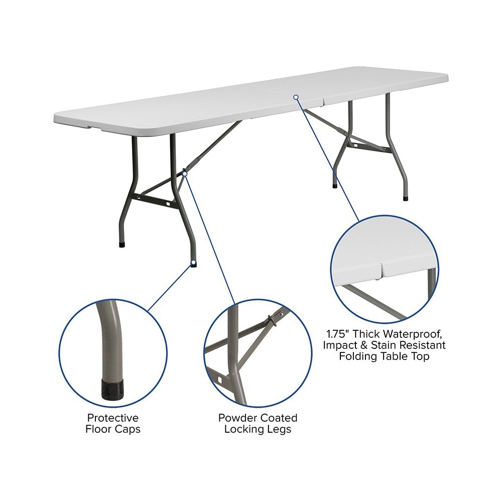 8' Bi-Fold Granite White Plastic Event/Training Folding Table Set with 10 Folding Chairs