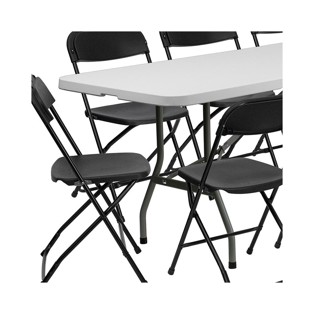 8' Bi-Fold Granite White Plastic Event/Training Folding Table Set with 10 Folding Chairs