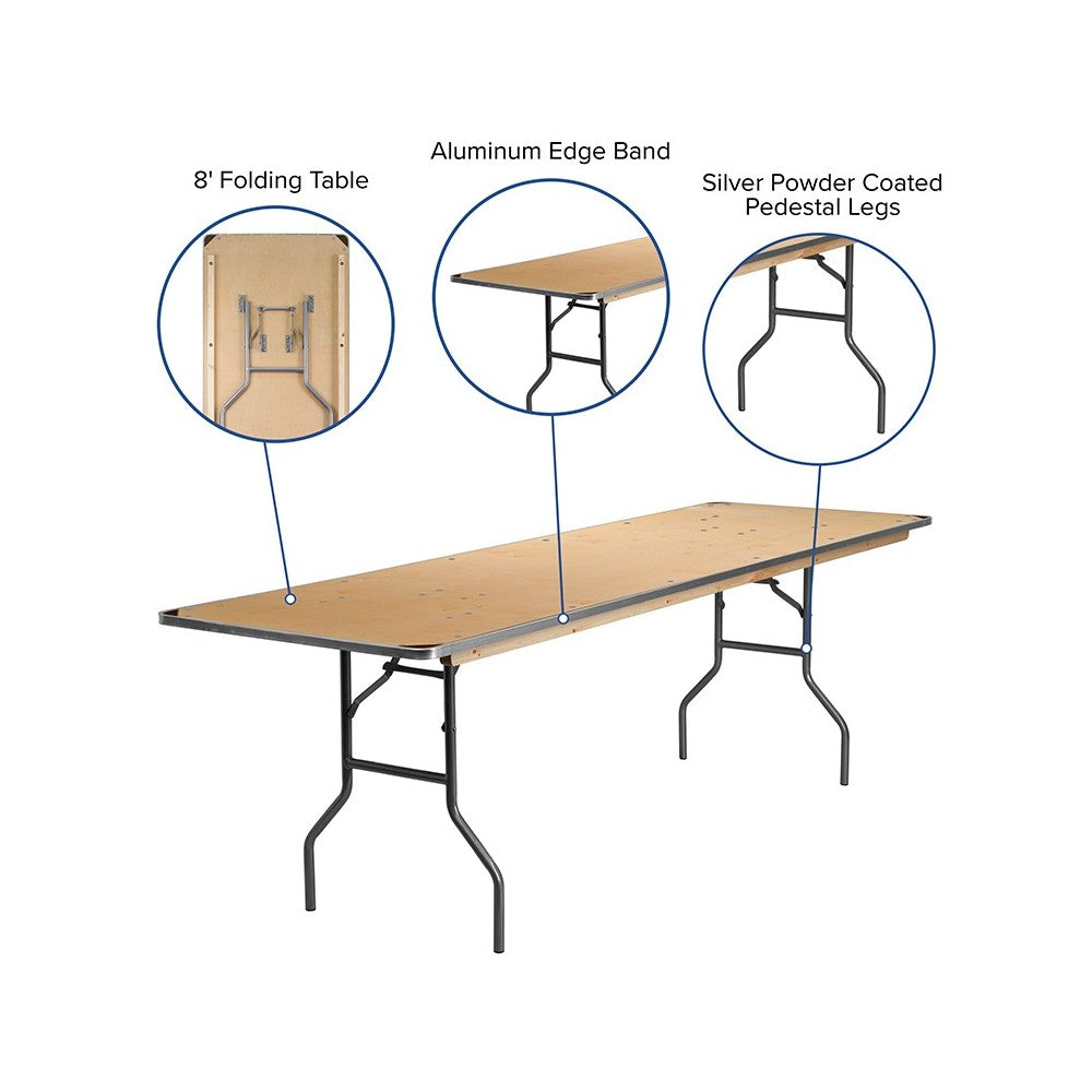 8-Foot Rectangular HEAVY DUTY Birchwood Folding Banquet Table with METAL Edges and Protective Corner Guards