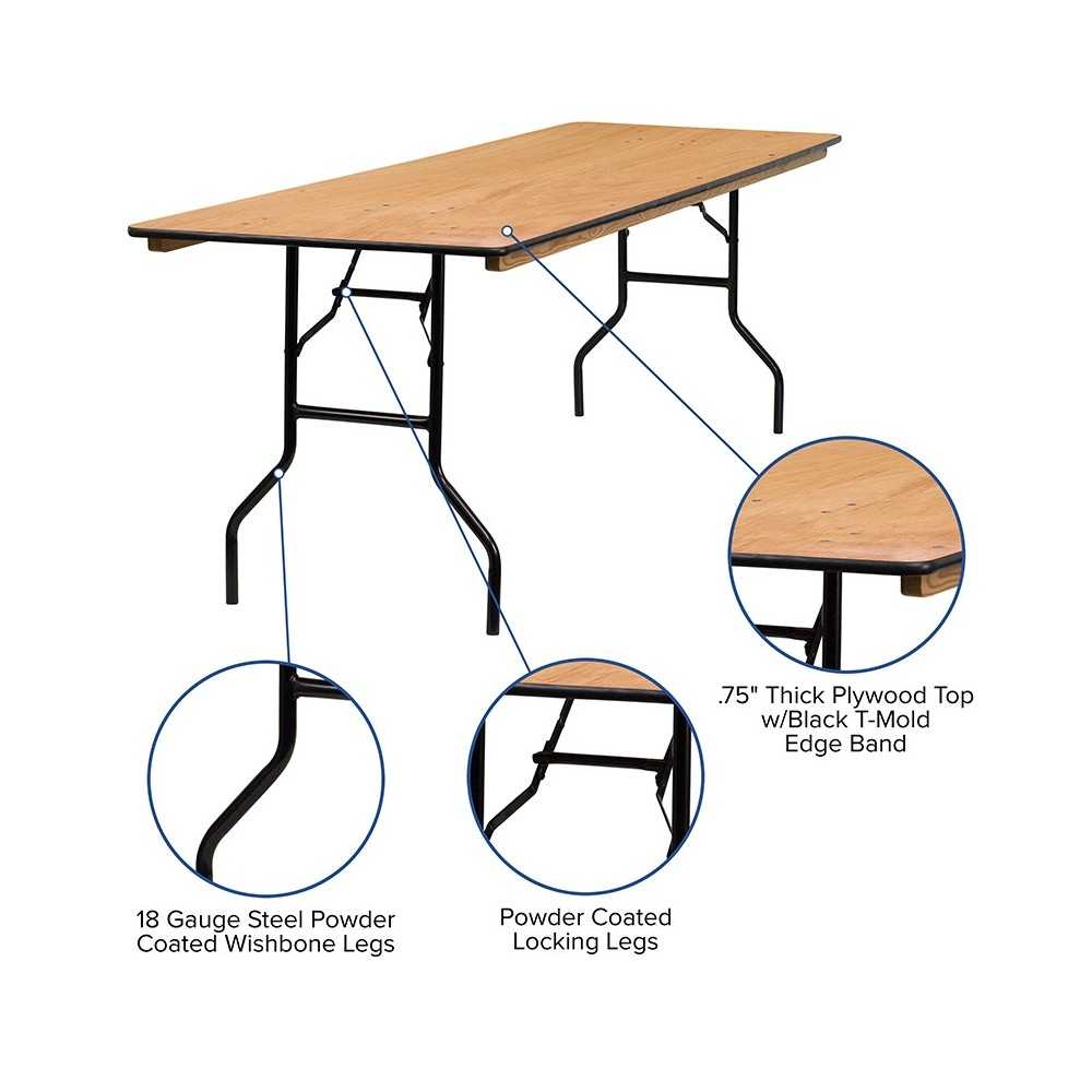 8-Foot Rectangular Wood Folding Banquet Table with Clear Coated Finished Top