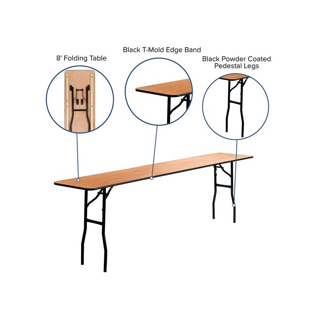 8-Foot Rectangular Wood Folding Training / Seminar Table with Smooth Clear Coated Finished Top