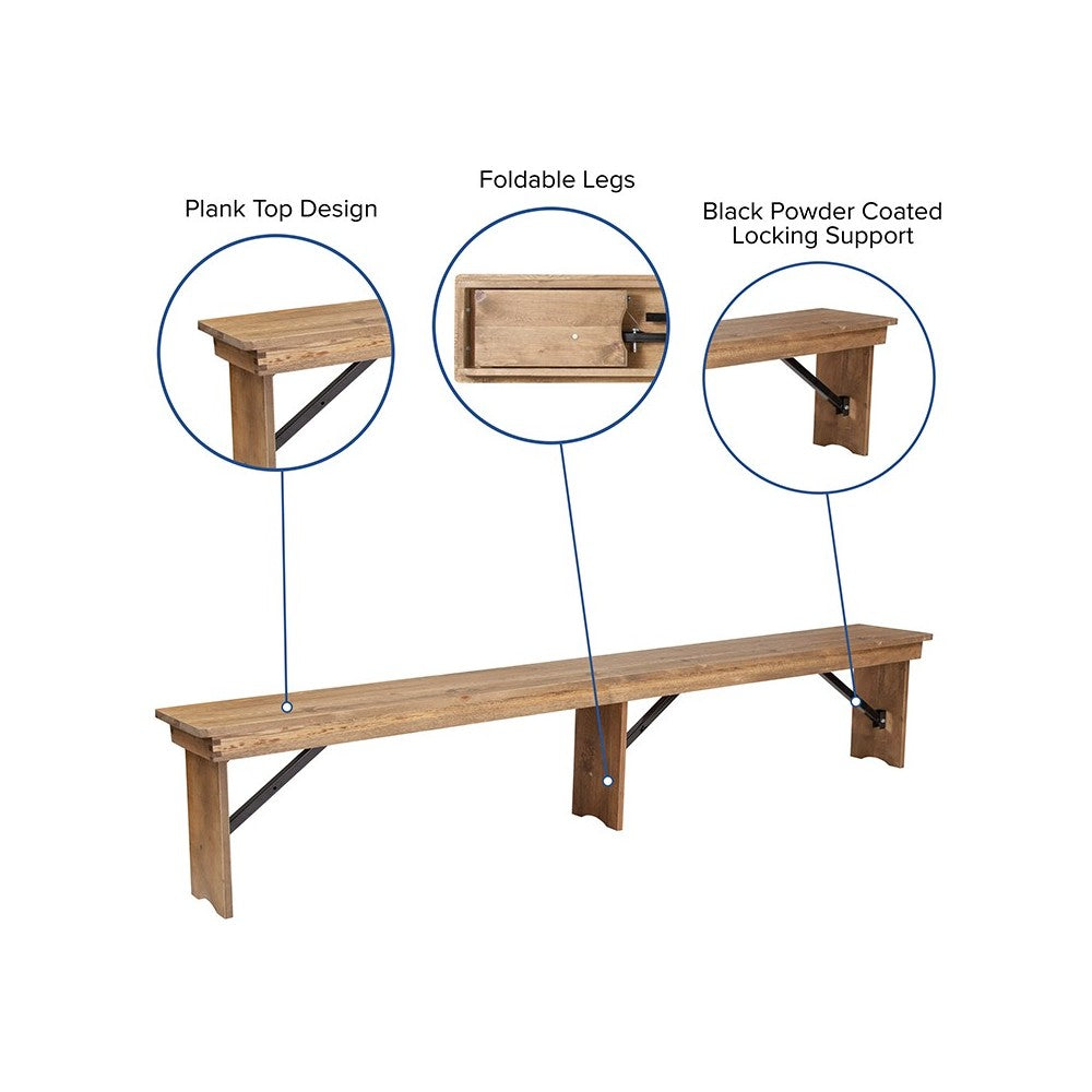 8' x 12'' Antique Rustic Solid Pine Folding Farm Bench with 3 Legs