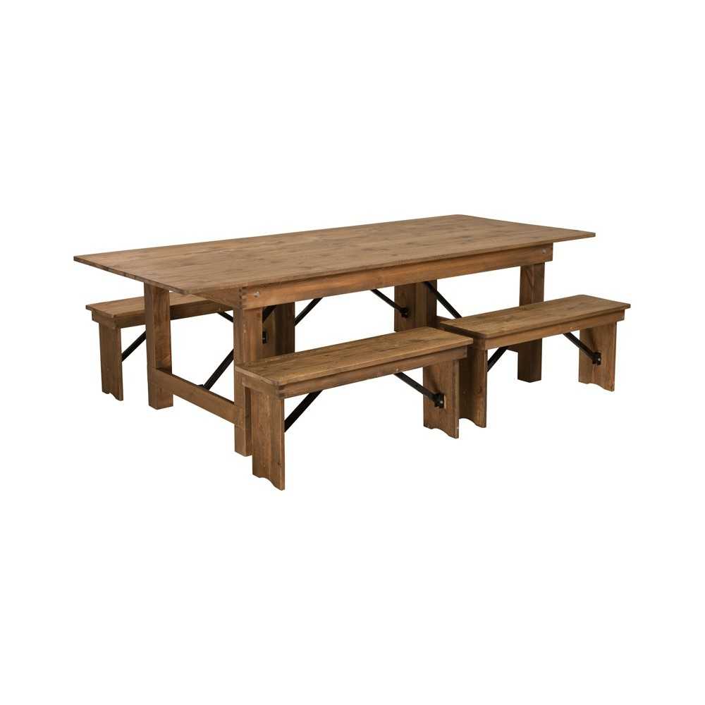 8' x 40'' Antique Rustic Folding Farm Table and Four 40.25"L Bench Set