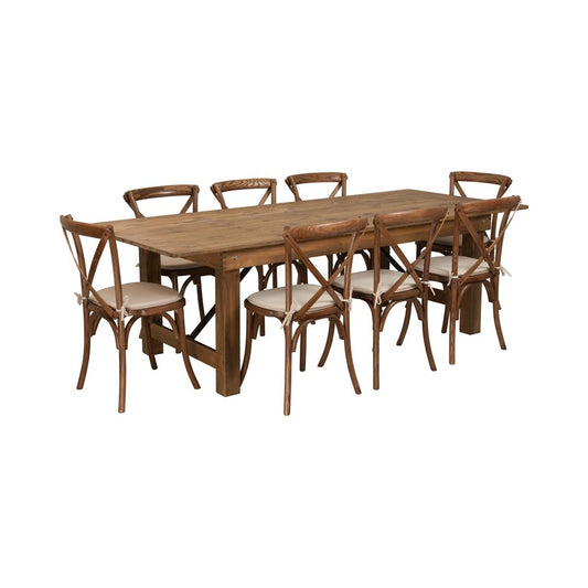8' x 40'' Antique Rustic Folding Farm Table Set with 8 Cross Back Chairs and Cushions