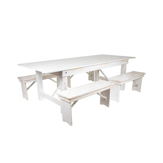 8' x 40" Antique Rustic White Folding Farm Table and Four 40.25"L Bench Set