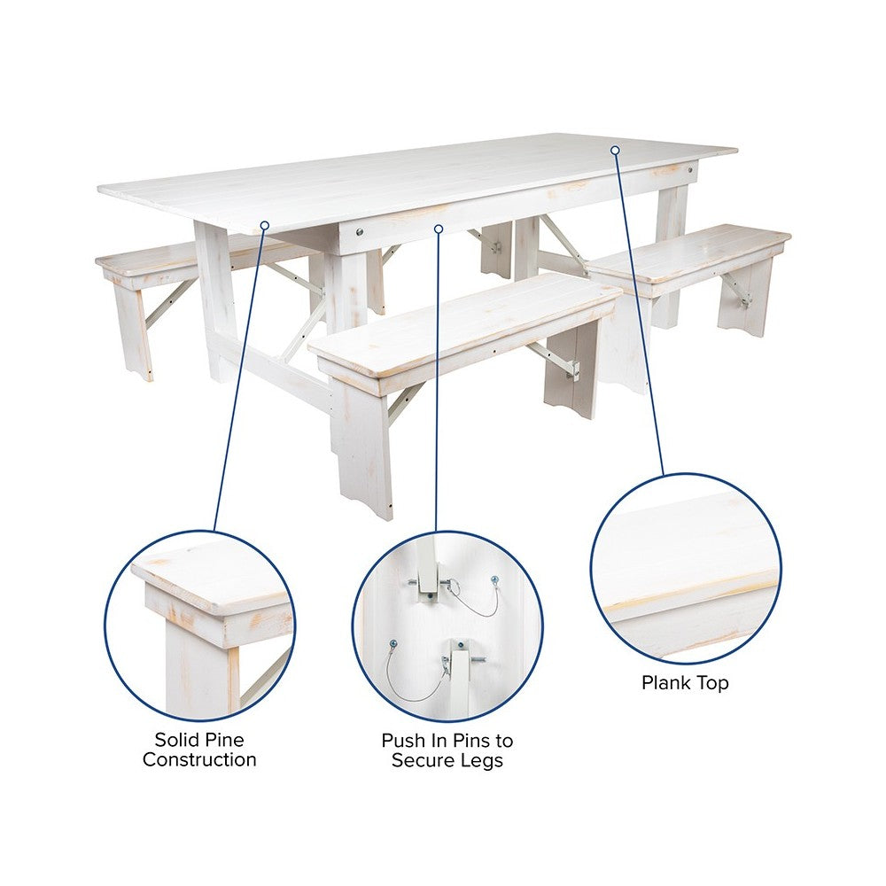 8' x 40" Antique Rustic White Folding Farm Table and Four 40.25"L Bench Set