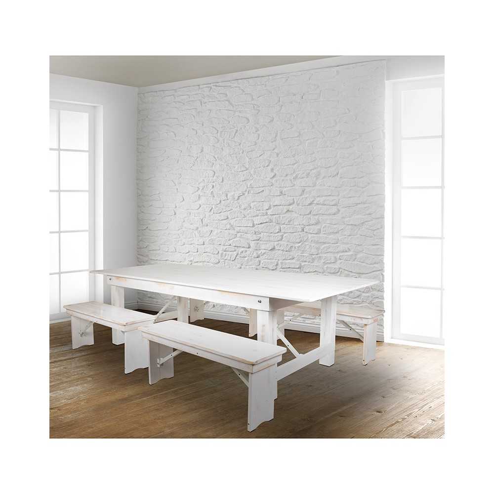 8' x 40" Antique Rustic White Folding Farm Table and Four 40.25"L Bench Set