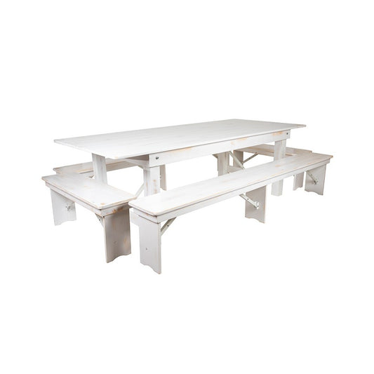 8' x 40" Antique Rustic White Folding Farm Table and Four Bench Set